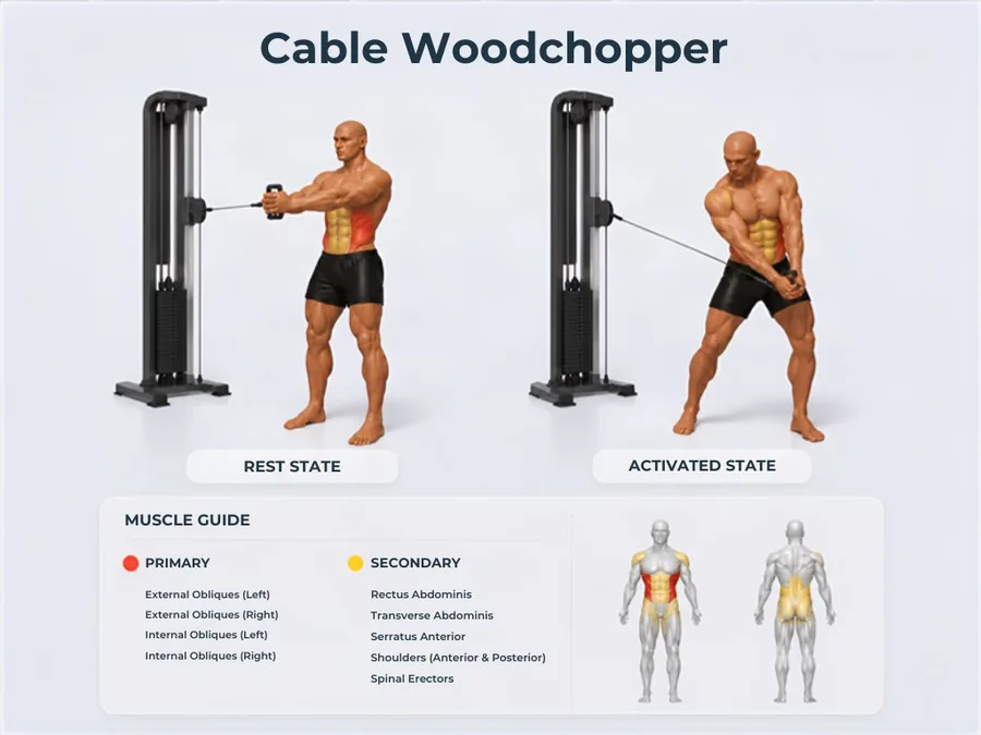 Cable Woodchopper — rest and activated positions with muscles worked