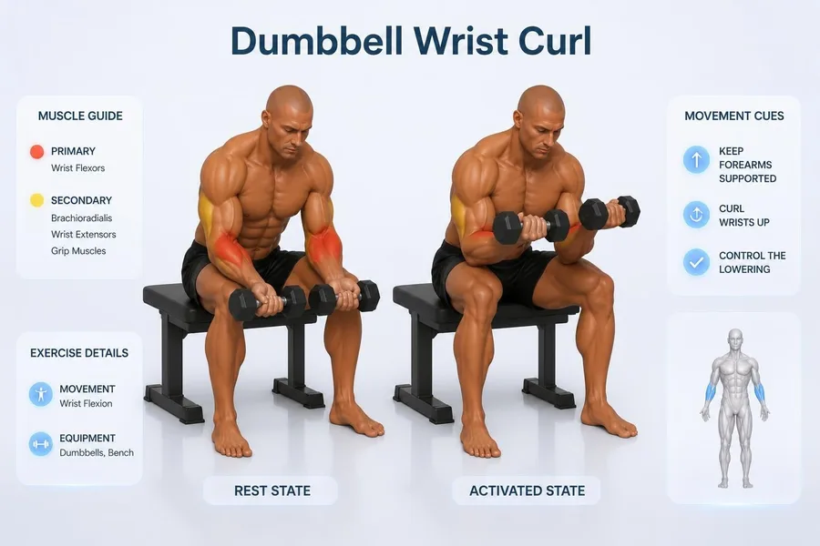 Wrist Curl — rest and activated positions with muscles worked