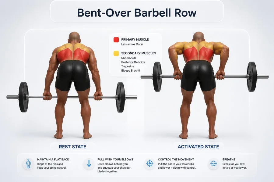 Bent-Over Row — rest and activated positions with muscles worked