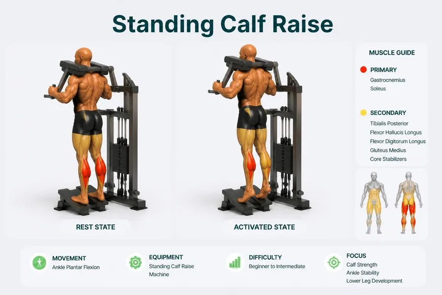 Calf Raise — rest and activated positions with muscles worked