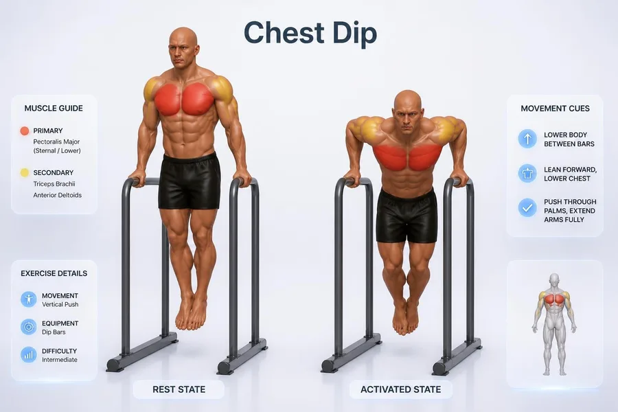 Chest Dip — rest and activated positions with muscles worked
