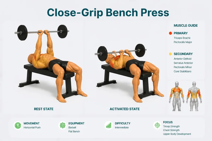 Close-Grip Bench Press — rest and activated positions with muscles worked