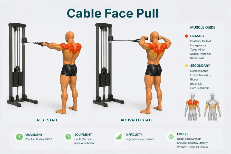Face Pull — rest and activated positions with muscles worked