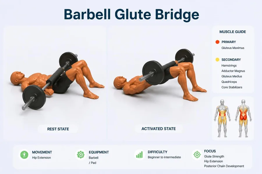 Glute Bridge — rest and activated positions with muscles worked