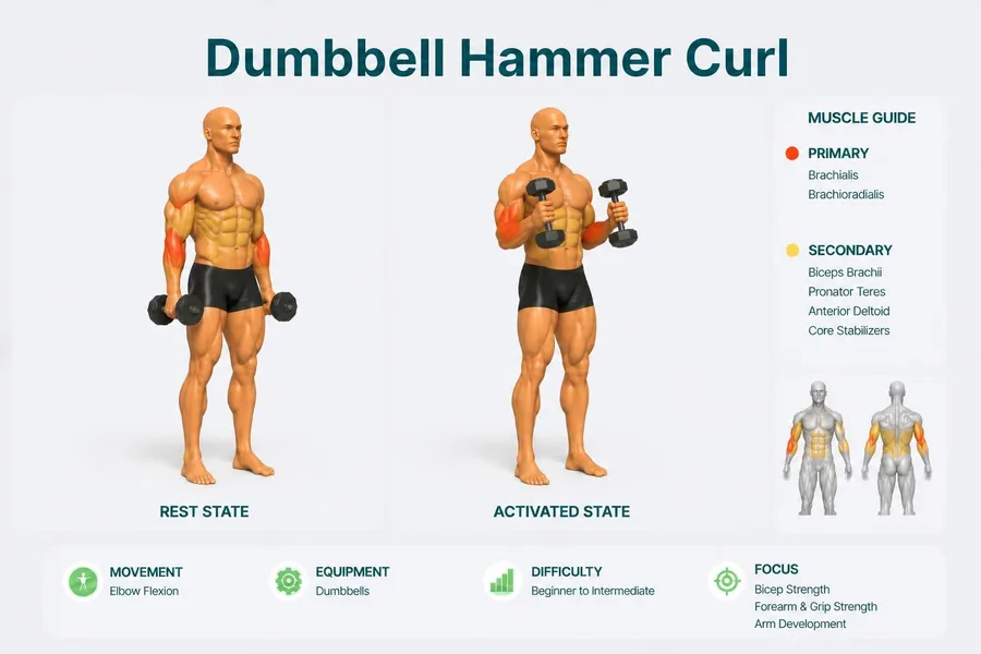 Hammer Curl — rest and activated positions with muscles worked