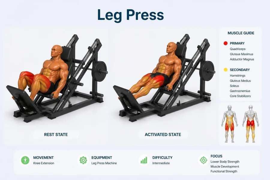 Leg Press — rest and activated positions with muscles worked