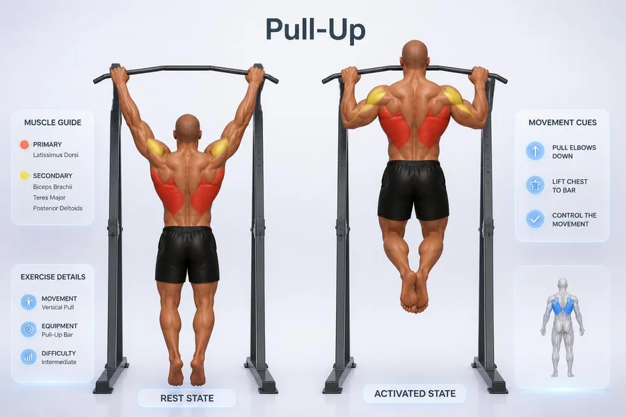 Pull-Up — rest and activated positions with muscles worked