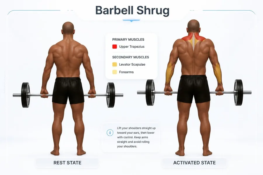 Shrug — rest and activated positions with muscles worked