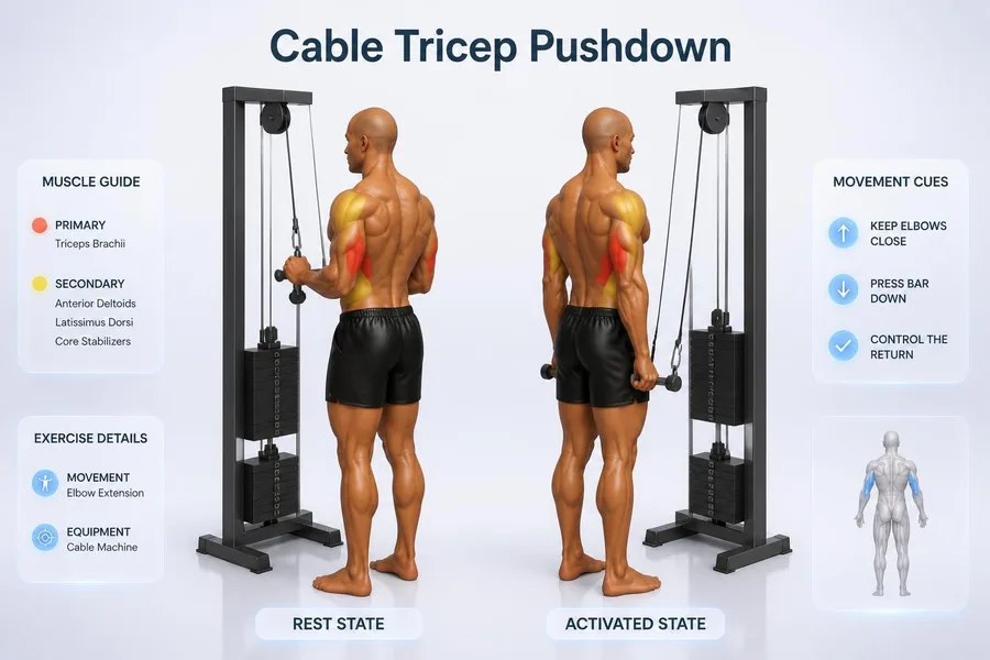 Tricep Pushdown — rest and activated positions with muscles worked